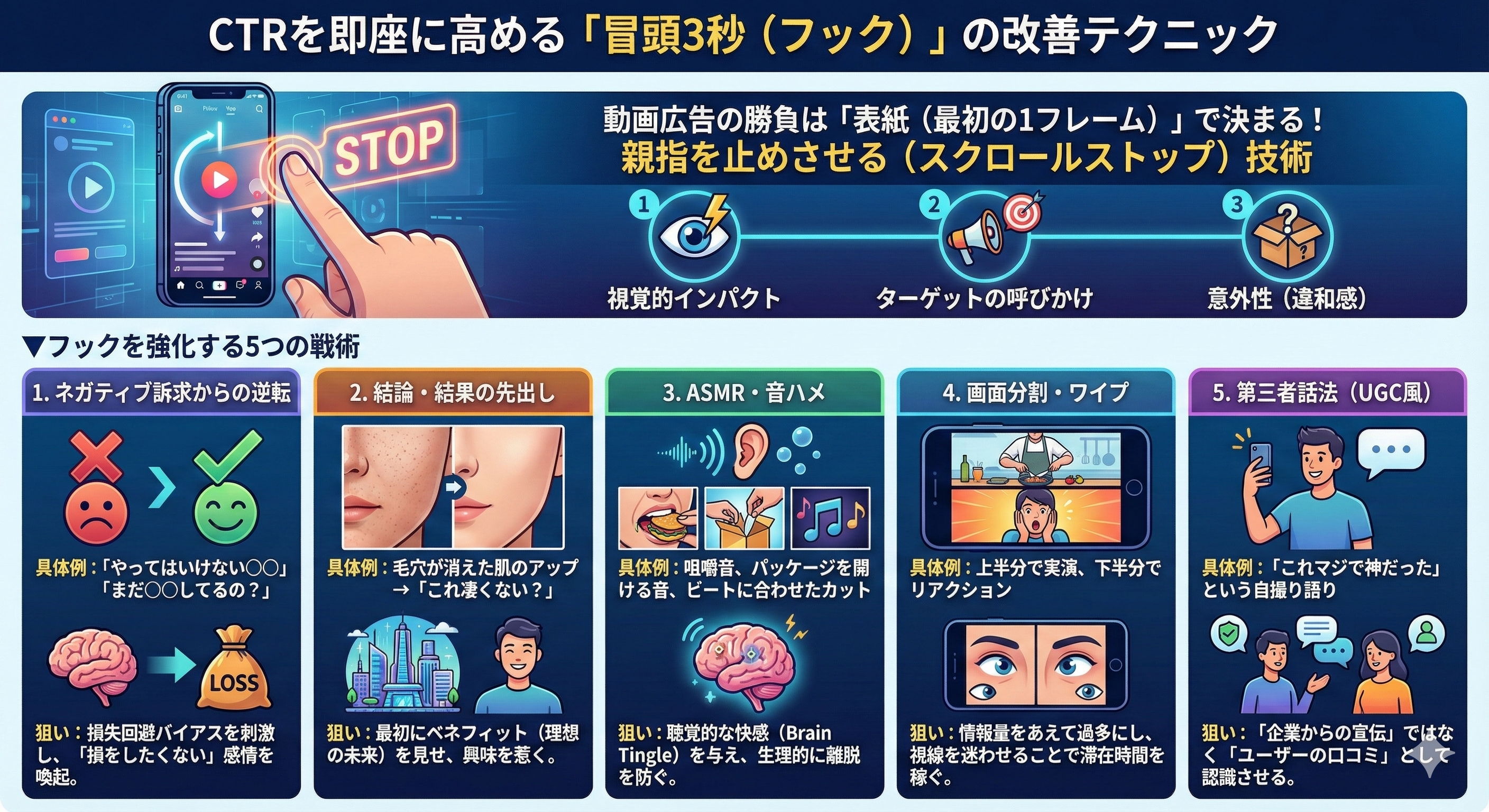 CTRを即座に高める「冒頭3秒(フック)」の改善テクニックは?