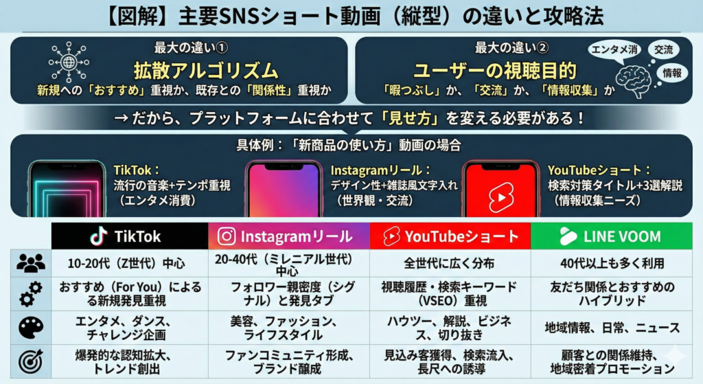 主要SNSのショート動画（縦型動画）にはどのような違いがありますか？